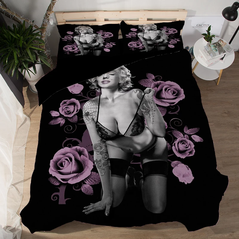 Модный сексуальный 3D комплект постельного белья Мэрилин Монро, пододеяльник, покрывало, простыня, наволочка, постельное белье, черный домашний текстиль