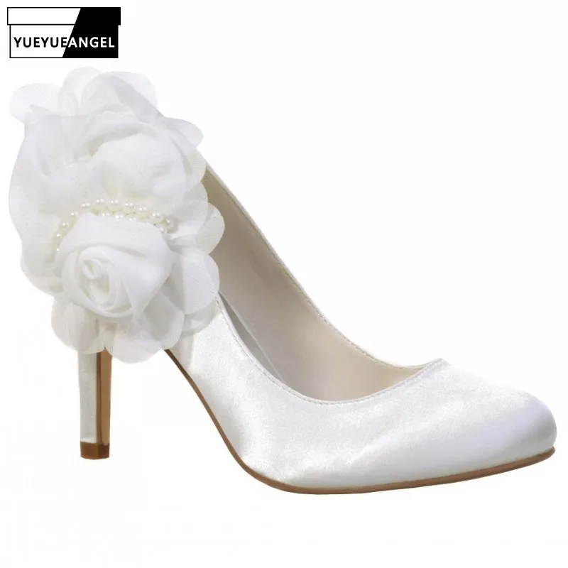 

Elegant Women Wedding Bride Shoes 2019 New Fashion Beads Floral Female Shoes Sexy Satin Pointed Toe Stiletto Heels Shoes Zapatos