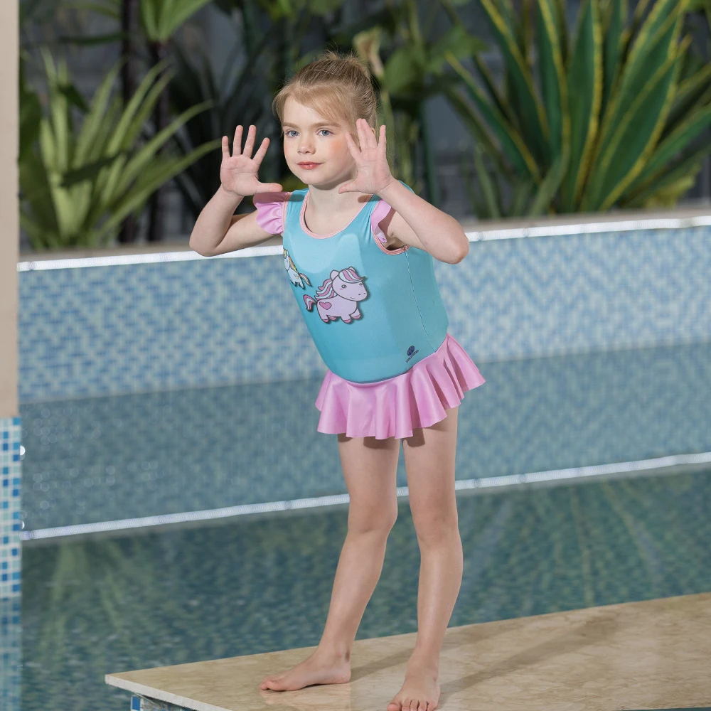 Megartico/купальный костюм с единорогом для детей с плавающим поролоном для девочек, синий детский купальник с юбкой, Цельный купальник с оборками