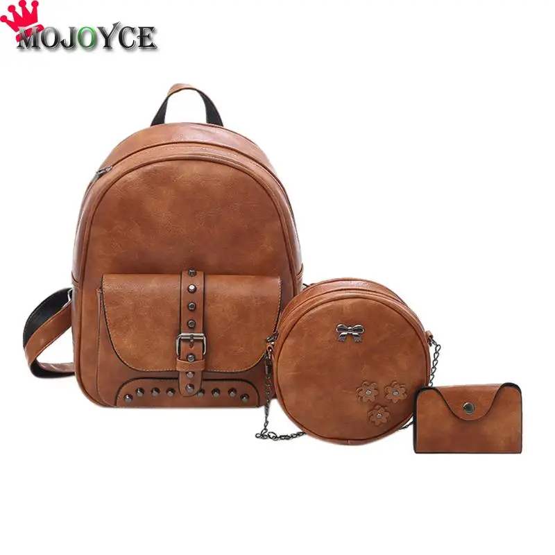 

MOJOYCE 3pcs PU leather Rivet Backpack Women Shoulder Card Bag Crossbody Composite Set Girls Solid Mochila Feminina Bagpack Sac