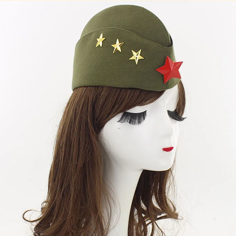

New Square Dance Performance Canvas Boat Hat Army Fan Stewardess Boat Cap Autumn Winter Five Star Chain Beret Sailor Hat BH