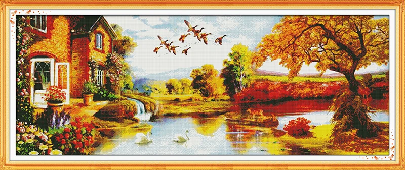 

Golden scenery(3) Counted Cross Stitch 11CT Printed 14CT Set DIY Chinese Cotton Cross-stitch Kit Embroidery Needlework