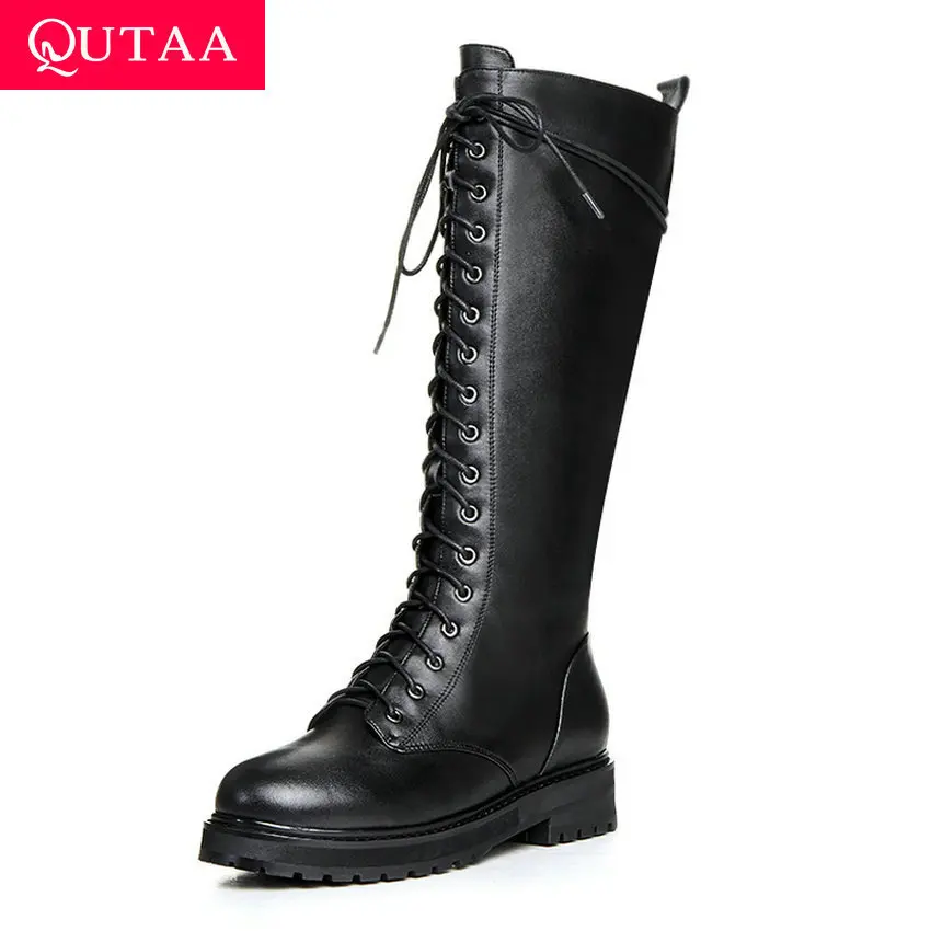 

QUTAA 2020 Autumn Winter Genuine Leather Antiskid Knee High Boots Fashion Platform Zipper Lace Up Warm Fur Women Shoes Size34-39