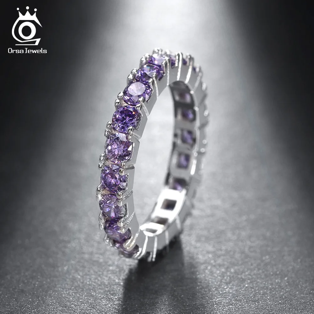 ORSA JEWELS Luxury Austrian Crystal Finger Eternity Ring with Purple or Clear AAA Cubic Zirconia Silver Color Ring Jewelry OR31