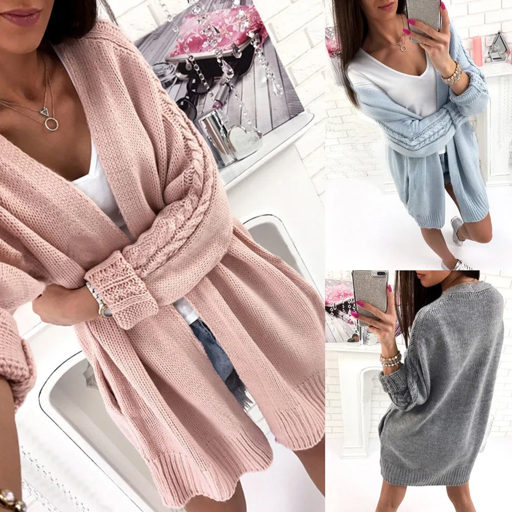 

Women Autumn Winter Casual Daily Long Sleeve Solid Knitted Long Sweater Tops Gift