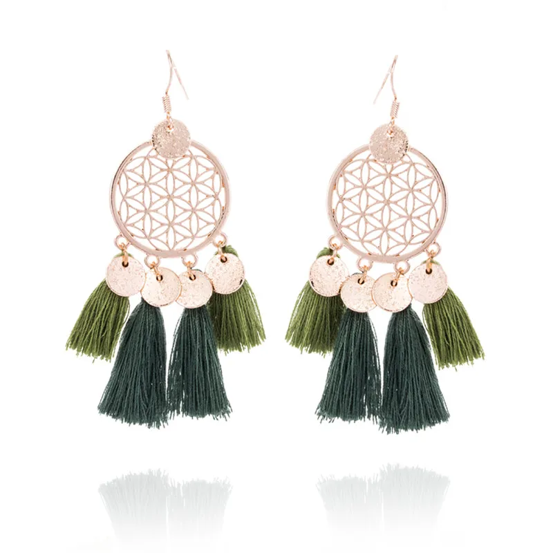 Gold color round sequins boho ethnic tassel drop earrings Women ladies fashion earring bohemia statement vintage wedding - Окраска металла: E020315