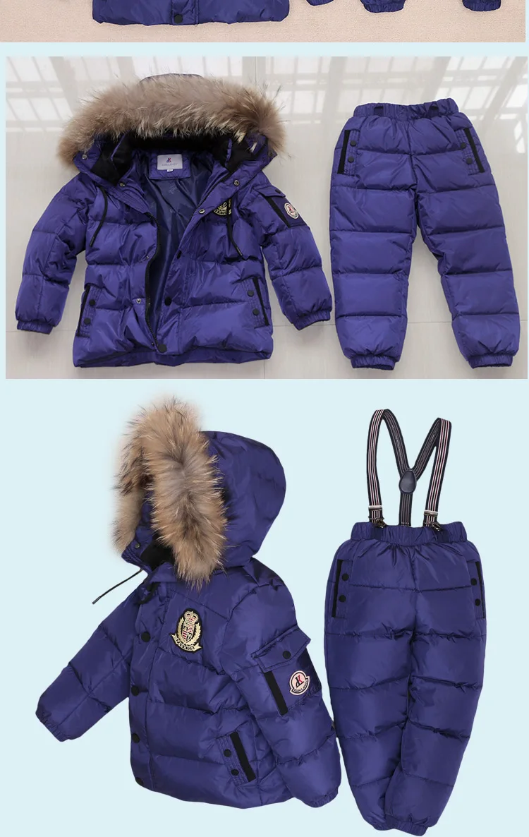 Коллекция года, зимний пуховый комплект одежды для девочек и мальчиков до-30 градусов, теплая ветрозащитная детская От 2 до 9 лет пальто с капюшоном+ комбинезон, комплекты для русской зимы