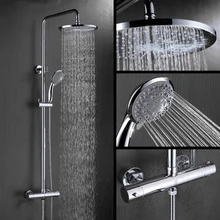 Bathroom Thermostatic Shower Set. Round Thermostatic Shower Faucet Mixer. 8 Square Shower Head, Round Hand Shower. Chrome Finish shower system thermostatic bath bathroom mixer shower set twin head square chrome 40x40cm hand shower