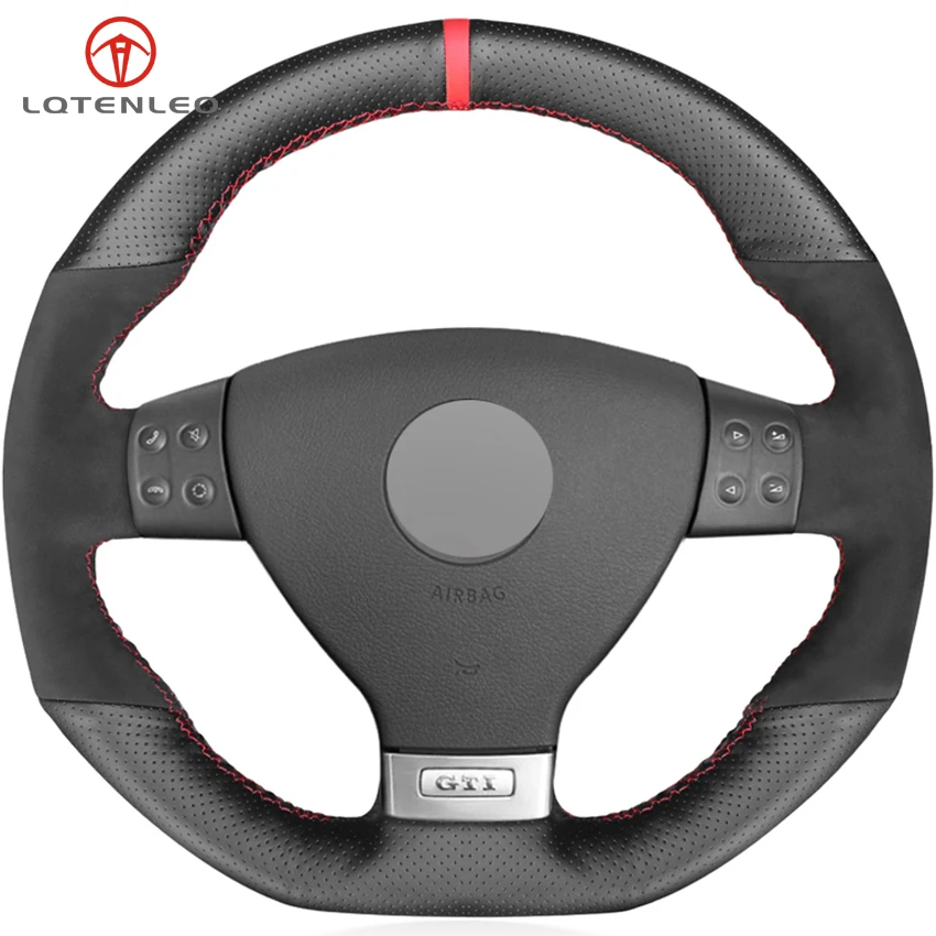 LQTENLEO Black Genuine Leather Suede Car Steering Wheel Cover For