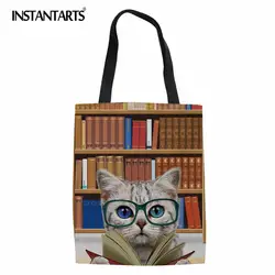 INSTANTARTS милые Книжный кот собака печать льняные сумки для девочек прочный складной сумки на плечо Женская Повседневная полотняная сумка для