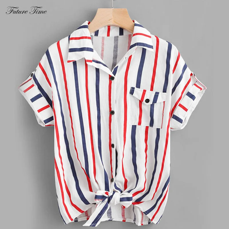 Shirt Women Striped Womens Tops And Blouses Summer 2019 Plus Size Tops Print Irregular Female Short Sleeve White Shirt C1783