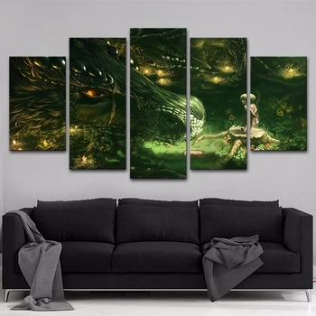 

Modular Wall Art Pictures Home Decor Room HD Printed Poster Frame 5 Panel Dragon Fire Game Abstract Canvas Oil Painting