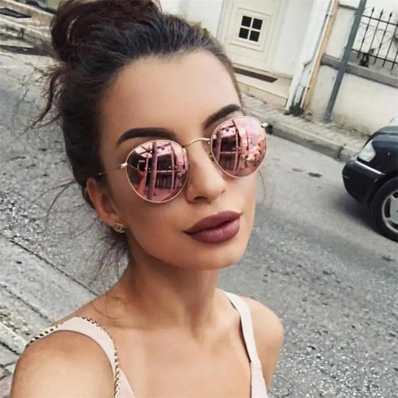

Small Round Sunglasses Men Retro Mirror Sun Glasses Designer Brand Luxury Classic Shades For Women Metal Eyewear Cute Pink Glass