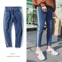 2018 корейский стиль Для мужчин стирка классические синие джинсы Марка полосой Stretch Slim Fit Homme брюки байкер джинсовой моды Повседневное Pants28-34