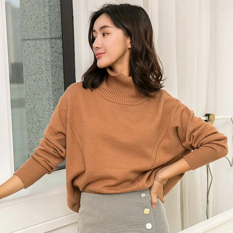 

Autumn Winter Boutique Women's Wide Ribbed Turtleneck Batwing Sleeve Thick Angora Cashmere Sweater Pullover Soft Women Jumper