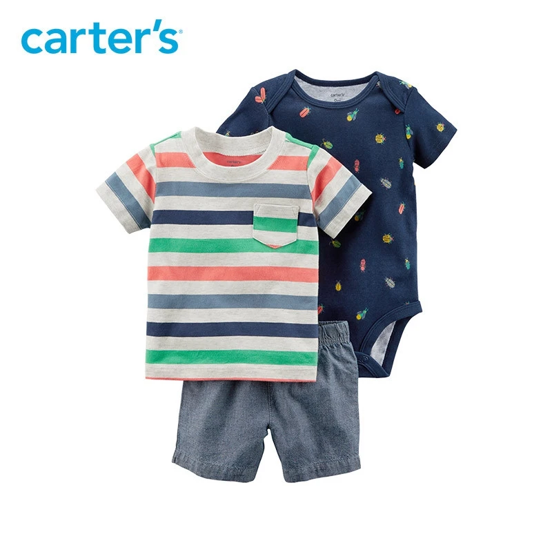 

3pcs striped tee insect prints bodysuit chambray shorts clothing sets Carter's baby boy soft cotton summer 121I133