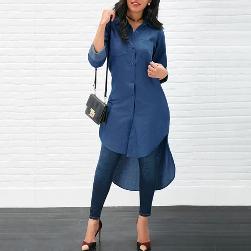 

fashion casual denim long sleeve woman blouse spring autumn solid blue jeans long female shirts