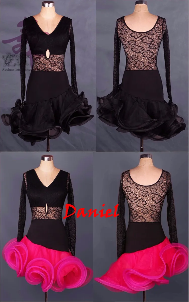 Платье для латинских танцев для взрослых/детей, черный/розовый ча/Румба, Женский/женский сексуальный танцевальный костюм, кружевная юбка