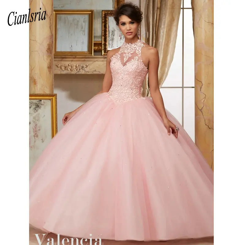 Vestidos de 15 anos кружево аппликации бальные платья Высокое средства ухода за кожей Шеи Бальные платья ювелирный шар платье тюль сладкий 16