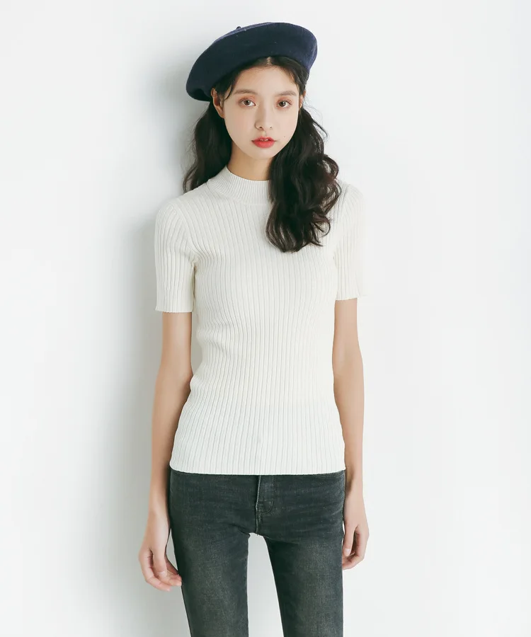 

Basic Rib Sweater Short Sleeve Mock Neck Knit Pullovers Spring Summer Solid Colors