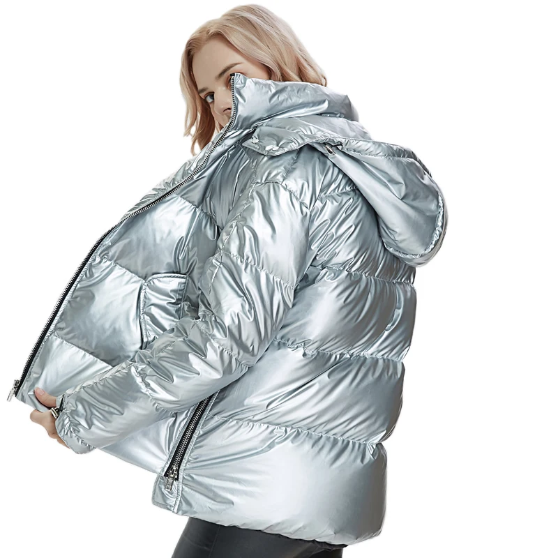 

2019 Oversized Winter Glossy Down Parka Women Warm Patent leather Parka Women Metal Silver Zipper Jacket Women Outerwear Coat