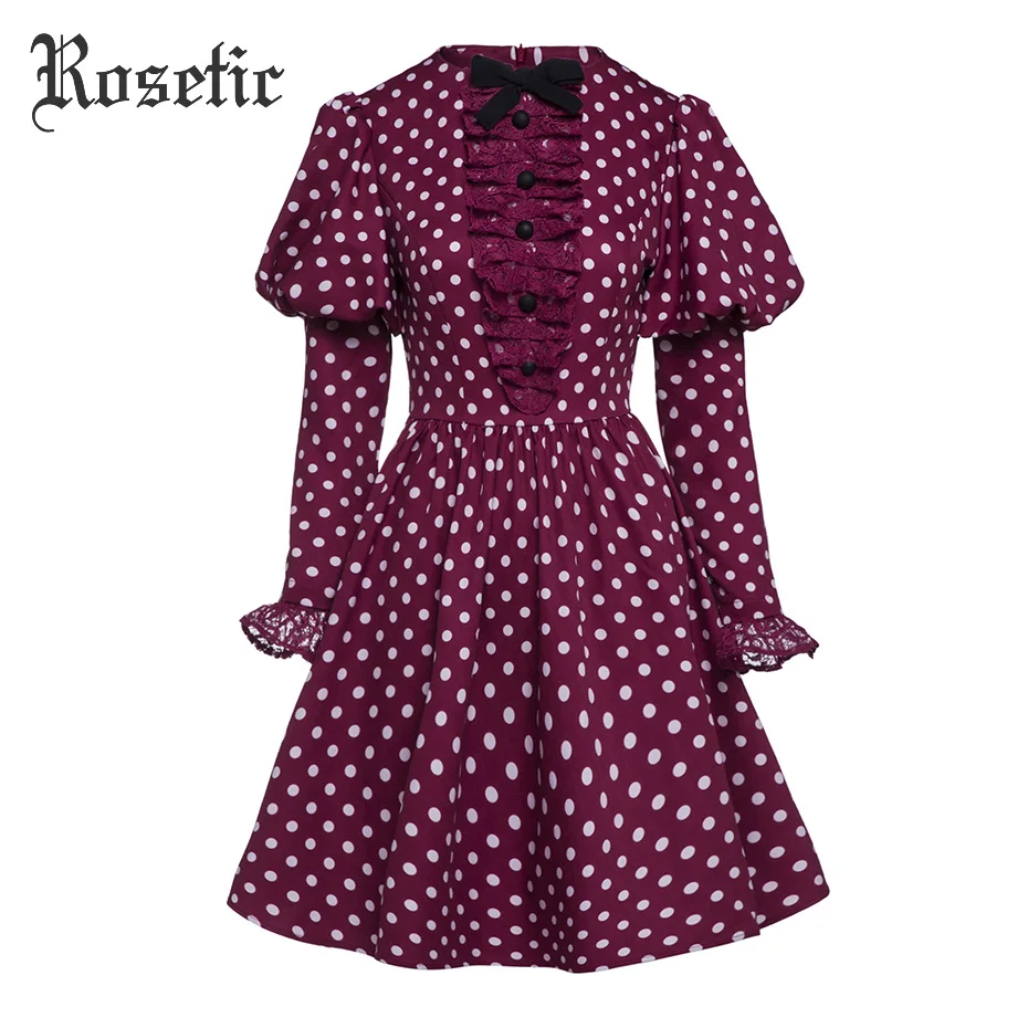 

Women Vintage Printed Polka-Dots Dress Lace-Up Lantern Long Sleeve Robe Bowknot Appliques Buttons Autumn Vestido Retro Dresses