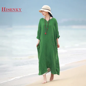 

Hisenky 2019 New Linen Dress Spring Bat Long Sleeves V-neck Casual Loose Beach Holiday Dresses Large Size Women's Long Robes