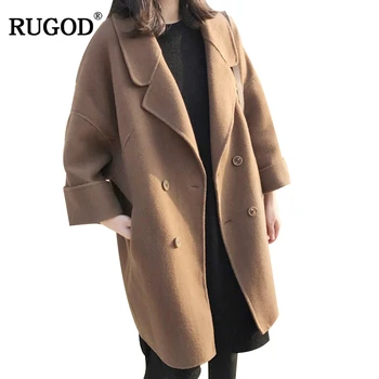 

RUGOD Long Style Snow Wear Female Wool Coat Turn-down Collar Single Breasted Slim Solid Office Lady Trench Coat Casaco Feminino