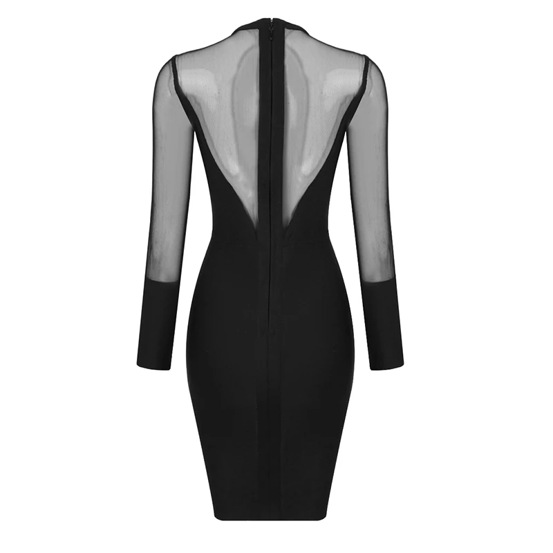 Top Quality Black Long Mesh Sleeve Hollow Out Bodycon Rayon Bandage Dress Club Party Sexy Dress (7)