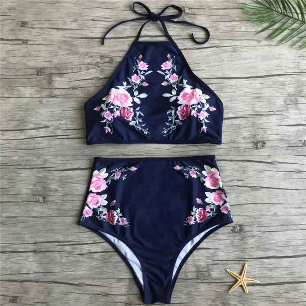 

Summer Women's Beach Push-Up Padded Bra Beach Two Pieces Bikini Set Flower Print Navy High Waist Swimsuit Hanging Neck Swimwear