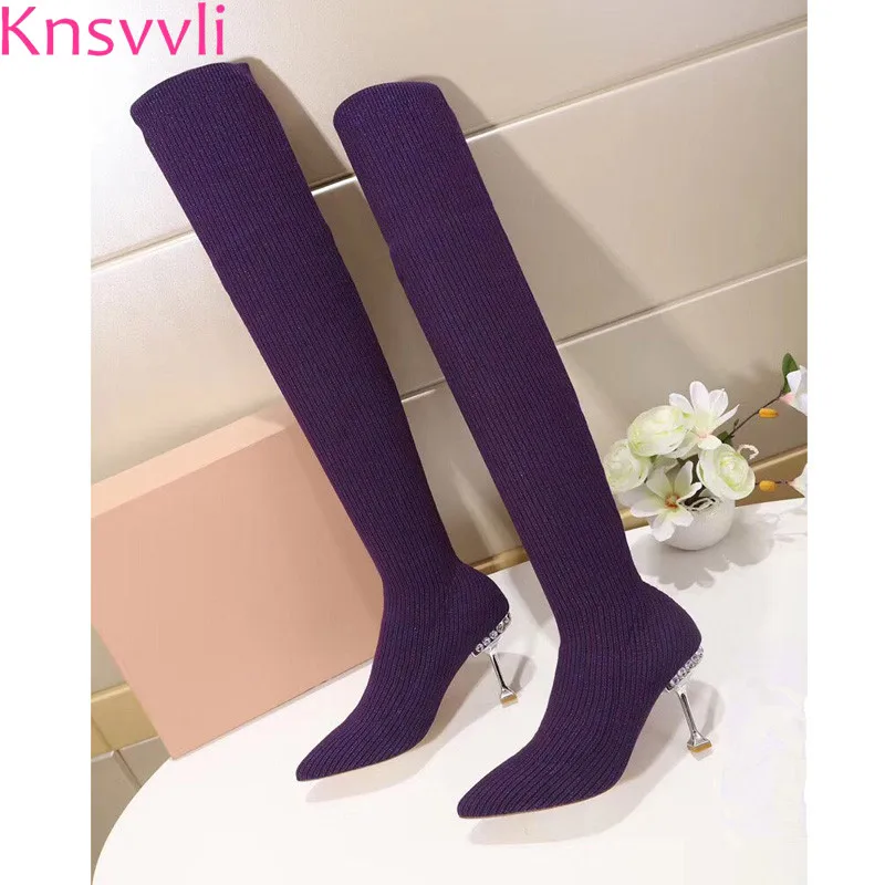 

Knsvvli Autumm Newest Tighten High Heel Stretch Boots Women Point Toe Knit Boots Crystal Studded Over The Knee Sock Boots Female