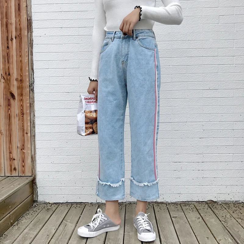 2018 Для женщин джинсы хлопковые полосатые прямые джинсы Harajuku свободный стиль бойфренд джинсовые Модные манжеты джинсы в гармошку # A026