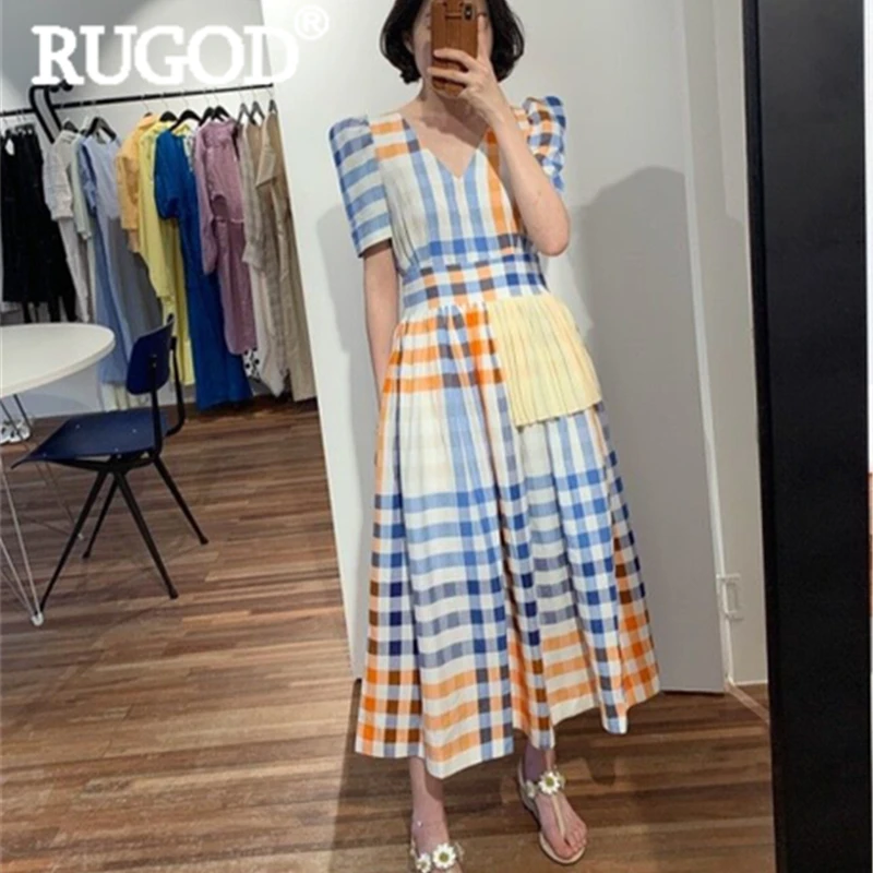 

RUGOD Women plaid long dress v neck puff sleeve empire lace up bow pleated dress new arrival chic ins femme fashion korean robe