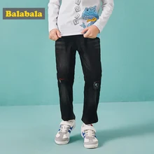 Balabala/джинсы прямого кроя для мальчиков, потертые джинсы с потертостями, хлопковые прямые джинсы без застежки для мальчиков-подростков, штаны с карманами