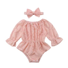Костюмы для девочек новорожденных Одежда для детей; малышей; девочек розовый/белый кружевной Цветочный боди+ повязка боди Детские комбинезоны 0-24 м