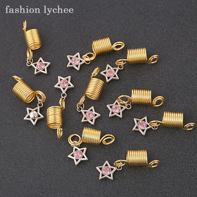 

fashion lychee 10pcs Retro Design Spring Dreadlock Cuffs Clips Spiral Crystal Pendant Women Hair Jewelry Accessories