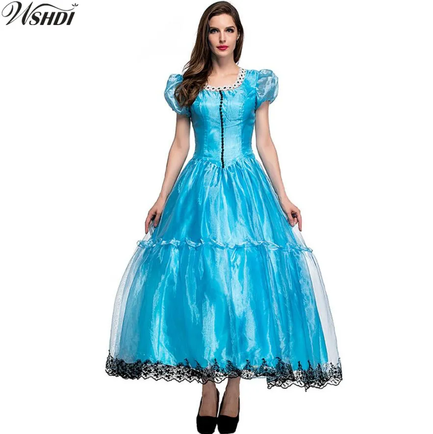 

Alice in the wonderland The Queen Costumes Women Adult Fairy Tale Princess Dresses Party Fancy Girls Flower Blue Long Dress