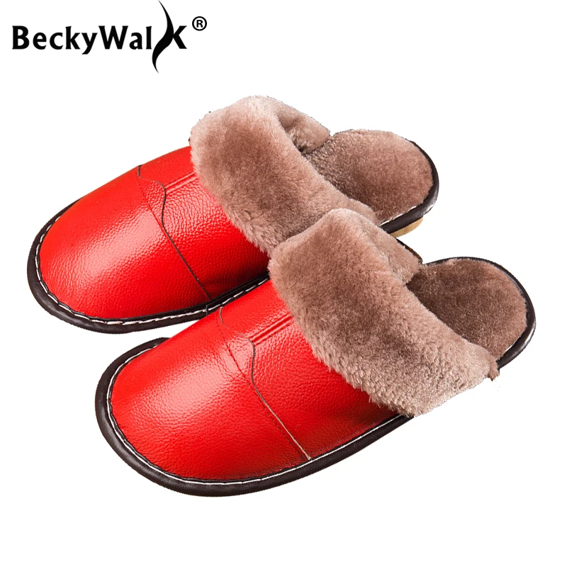 

BeckyWalk 2018 New Genuine Leather Home Slippers High Quality Women Men Winter Slippers Warm Plush Indoor Lovers Shoes WSH3108