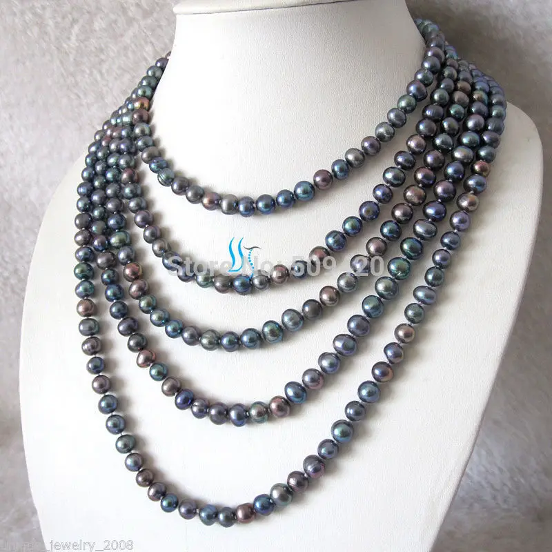 

~~ W&O667 >>100" 6-8mm Peacock Freshwater Pearl Strand Necklace Cultured