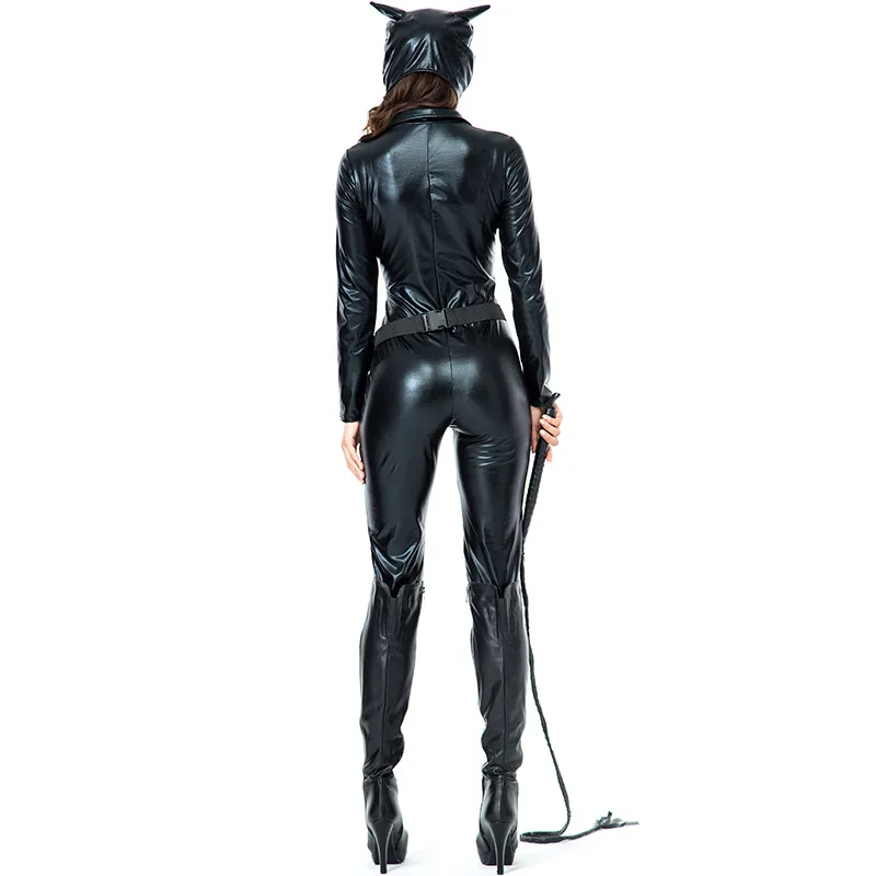 Взрослый Черный мокрого вида боди костюм кошка леди женщина сексуальный злодей костюм