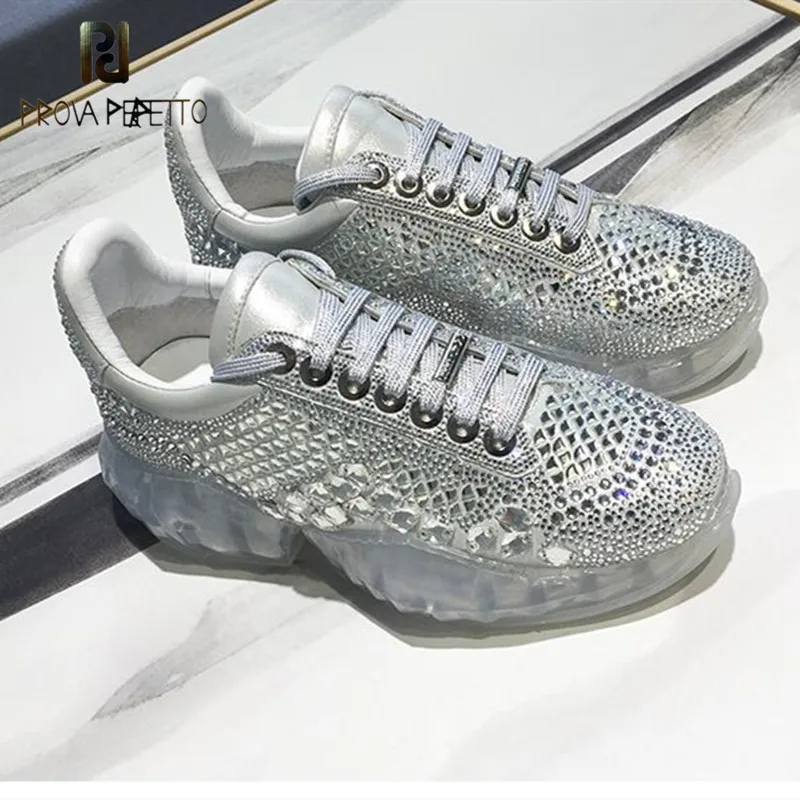 

Prova perfetto Casual Bling Shoe Women zapato de mujer Crystal White Sneaker Platform chaussures femme Rhinestone Real Leather