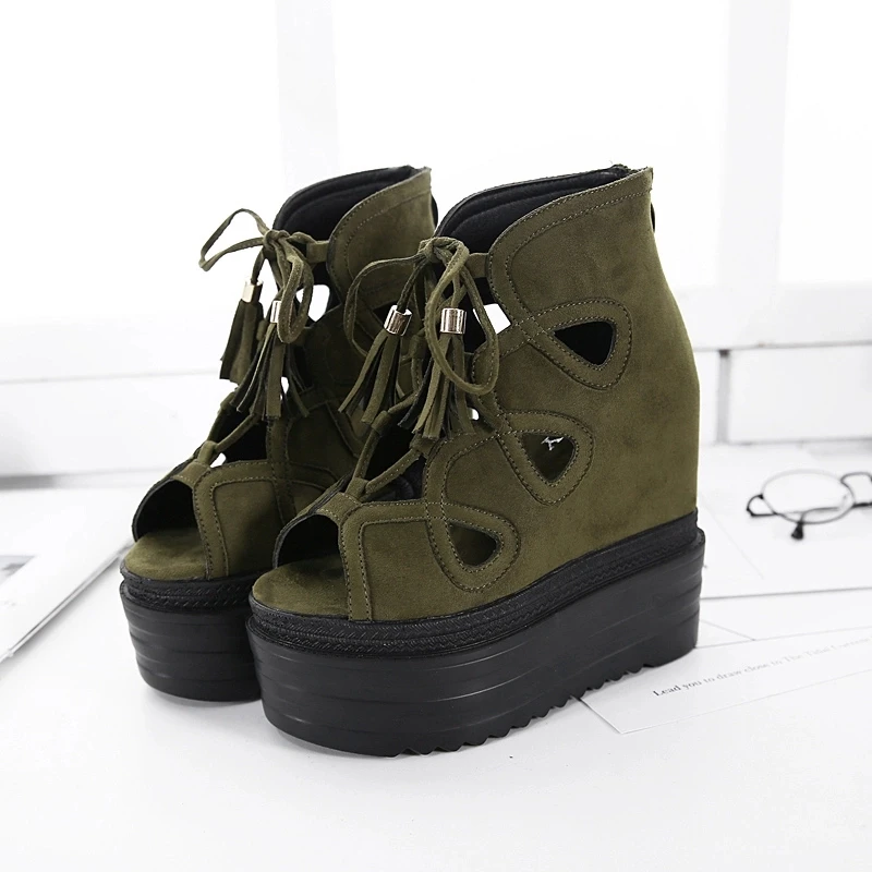

Korean version of the 2019 spring new fish mouth sandals add 12cm thick bottom muffin cross strap boots women