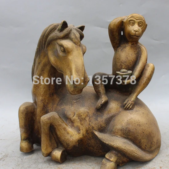

shitou 00700 10" Chinese Bronze Brass Auspicious Monkey Ride Horse Hand Yuanbao Statue discount 30% (C0324)