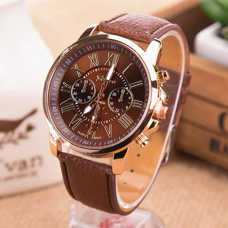 

Women's watch Geneva fake three-eye belt female models Roman scale women's watch