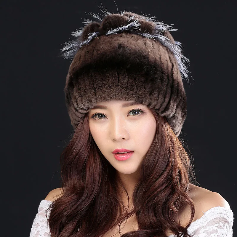 HSPL, зимние шапки для женщин, натуральный мех кролика Рекс, зимние шапки для леди, модная меховая шапка, теплые шапки, женский головной Убор - Цвет: Коричневый
