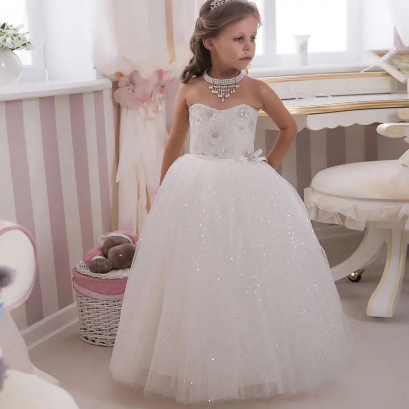 Sleeveless Bling Sequined Kids Puffy Ball Gowns Strapless Bow Sash Long White Little Girl Wedding Party Dress 0-12 Year Old