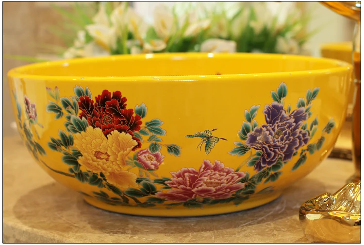 Europe Vintage Style Lavobo Ceramic Washing Basin Counter top Bathroom Sink hand painted vessel sinks Peony painting black (4)