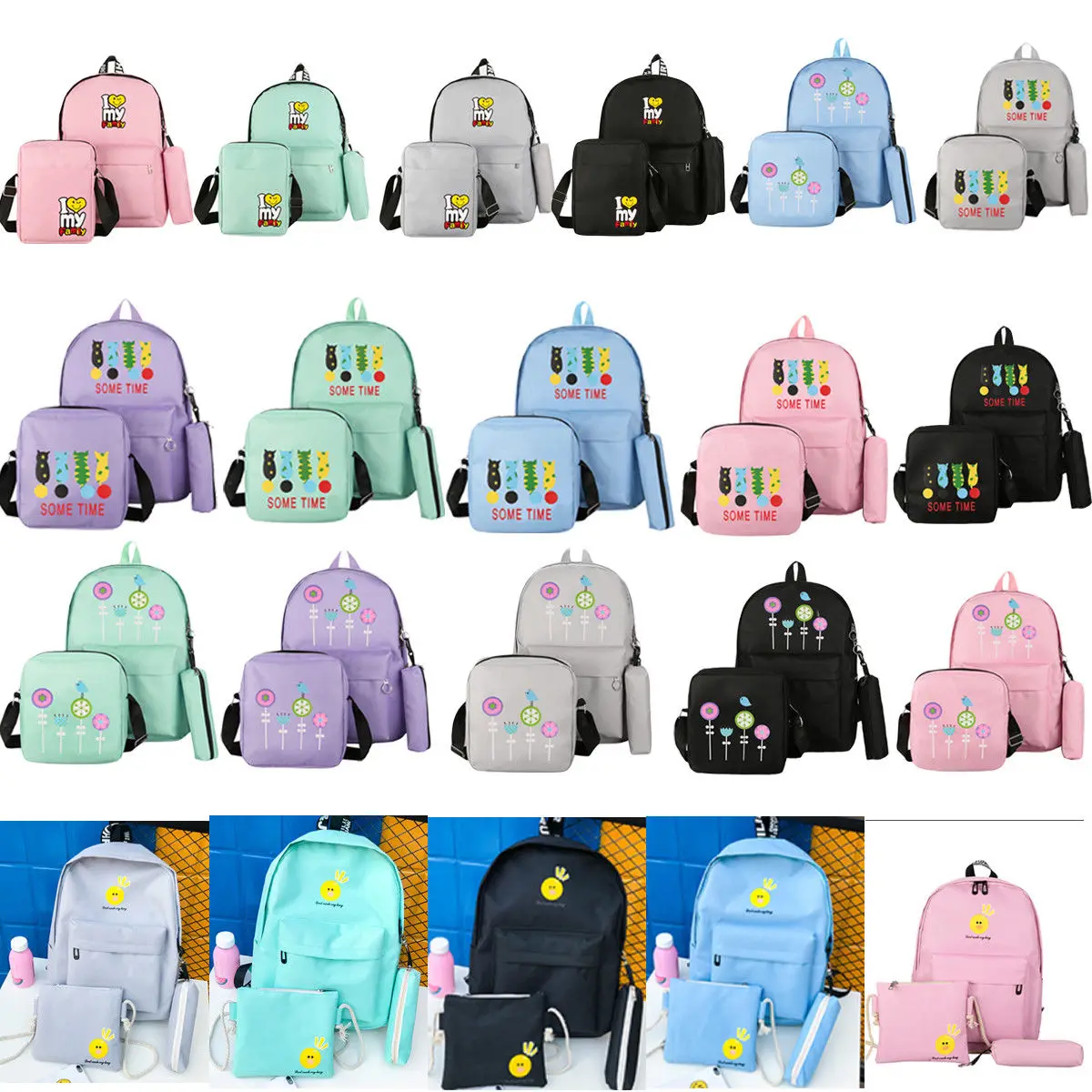 

Women Canvas Backpack Travel Bags School Bags For Students 3PCS Backpack Sets Cartoon Lady Girls Backpack