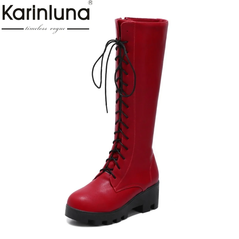 

KARINLUNA 2018 Plus Size 34-43 Buckles Women Shoes Woman Platform Lace Up Square Heel Riding Boots Winter Footwear Chaussure