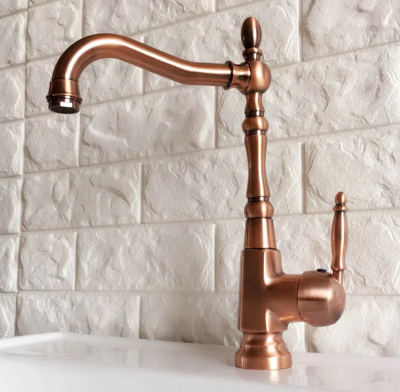 Antique Red Copper Brass Bathroom Kitchen Basin Sink Faucet Mixer Tap Swivel Spout Single Handle One Hole Deck Mounted mnf417